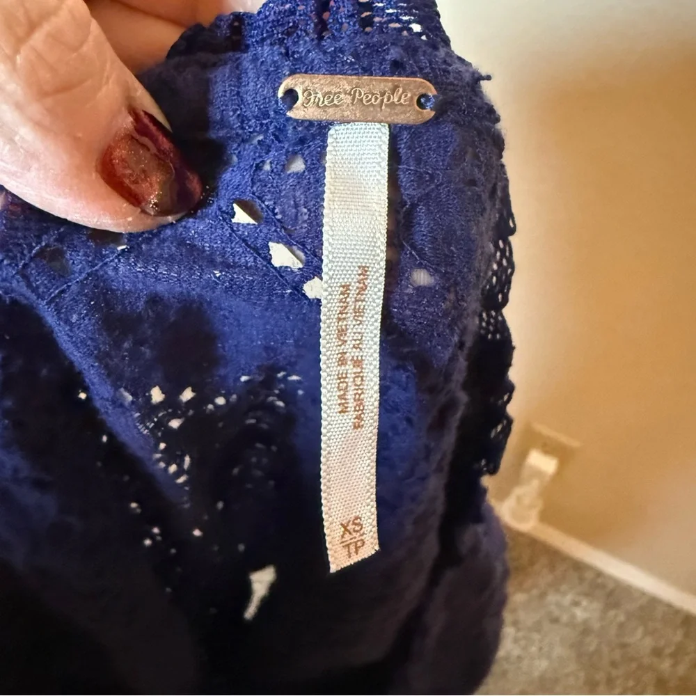 Free People Sunny Pucker Lace Long Sleeve Stretchy Top Blue Size XS